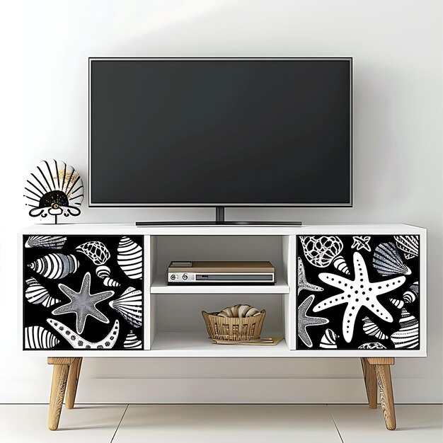 Marco de la casa de playa estilo Tv Stand Arte folclórico con diseño de conchas marinas y arte de diseño de tatuaje de corte CNC