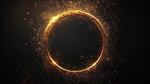 Marco circular dorado con llamaradas y brillo en un fondo negro con un telón de fondo opulento vacío IA generativa