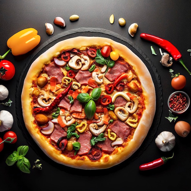 Marco circular hecho de ingredientes frescos alrededor de deliciosa pizza italiana sobre mostrador negro