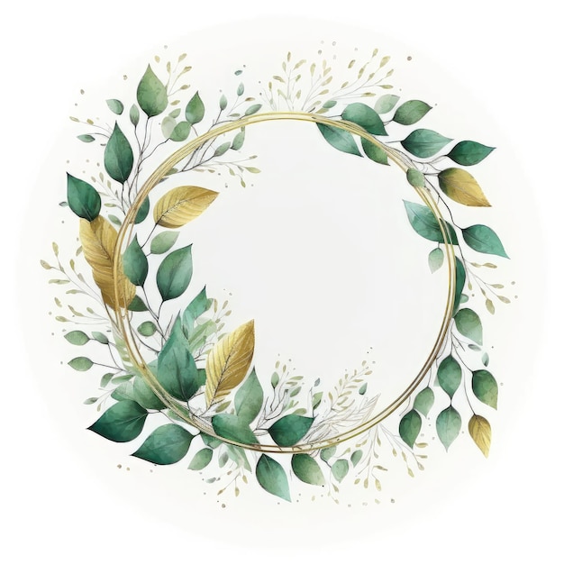 Marco circular de hojas doradas y verdes con pintura de acuarela