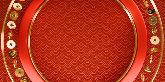 Marco circular rojo y dorado con monedas chinas cayendo