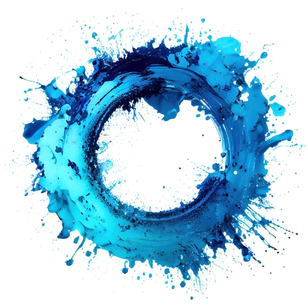 Un marco circular con salpicaduras de pintura azul sobre fondo blanco.