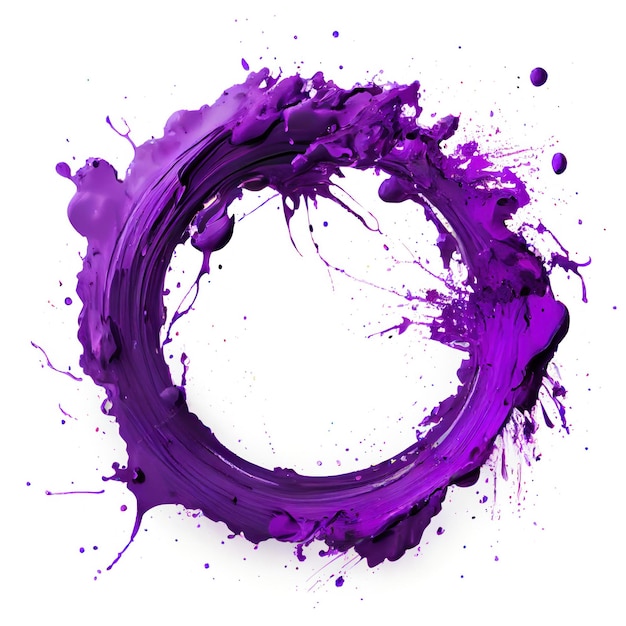 Un marco circular con salpicaduras de pintura púrpura sobre fondo blanco.