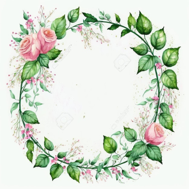 Marco de círculo de flor rosa y hojas verdes con pintura de acuarela de licencia