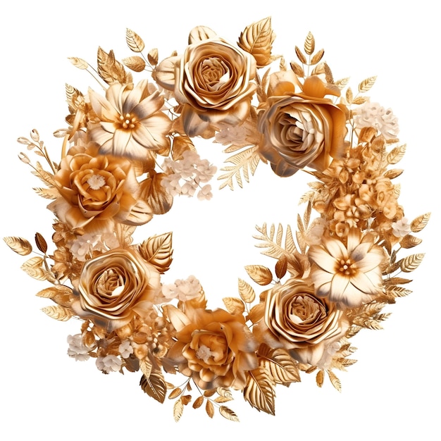 Marco de círculo floral acuarela dorada Hermosa corona dibujada a mano sobre un fondo blanco