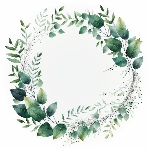 Foto marco de círculo de hojas verdes con pintura de acuarela