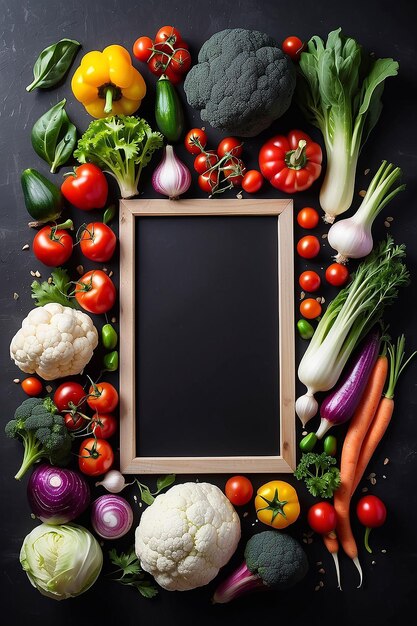 Foto marco de comida orgánica verduras crudas frescas en una pizarra negra