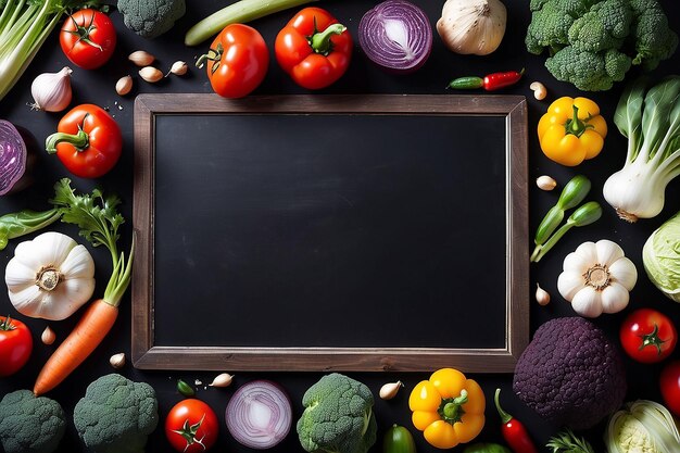 Marco de comida orgánica verduras crudas frescas en una pizarra negra