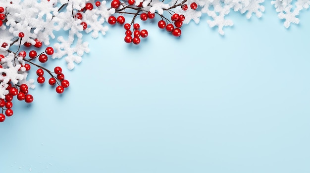 Marco de composición navideña hecho de copos de nieve y bayas rojas sobre fondo azul pastel