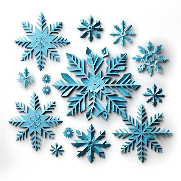 Un marco conjunto de papel de copos de nieve en relieve con copos de nieve en relieve y un plano 2D en arte BG blanco