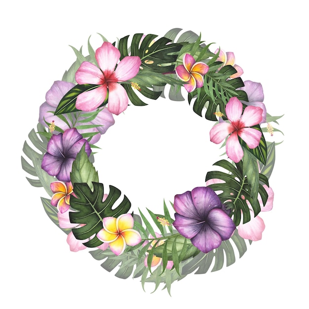 Marco de corona hoja tropical Monstera y flores hibiscus plumeria palma acuarela aislada sobre fondo blanco Ilustración botánica dibujada a mano en acuarela Diseño artístico para plantilla de cartel de embalaje