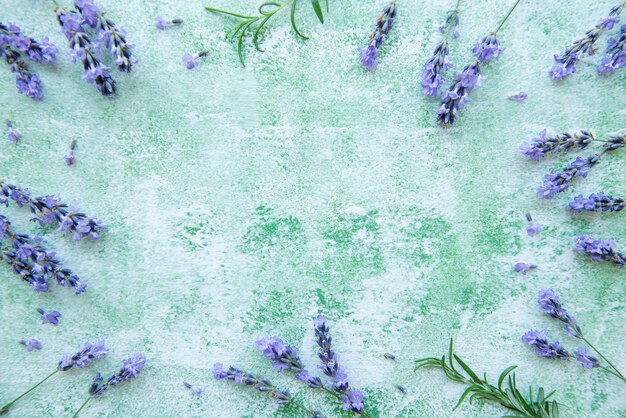 Marco creativo de flores y hojas de lavanda sobre un fondo de madera verde