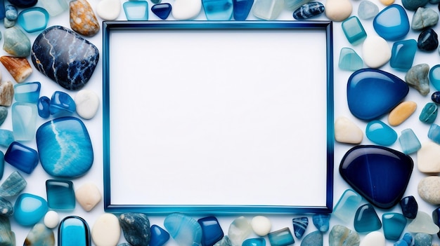 Foto marco de cristales y piedras preciosas de cristal marino en colores azul y rosa.