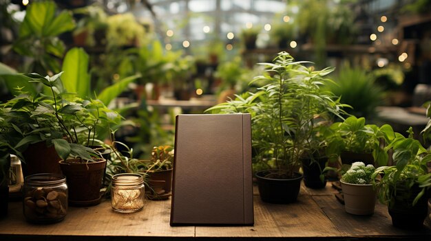 Foto marco de cuaderno y planta de ángulo alto