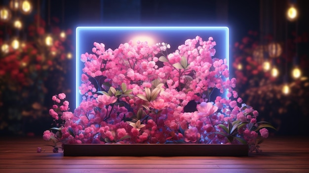 Marco cuadrado brillante de neón y fondo de flores florecientes Fondo de naturaleza creativa