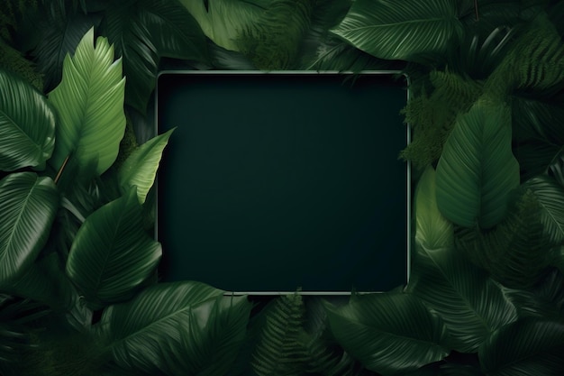 Marco cuadrado centrado rodeado de hojas de color verde oscuro IA generativa
