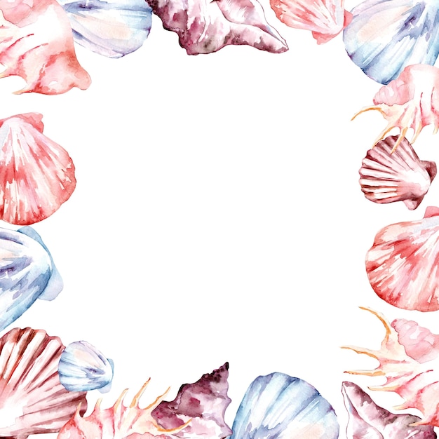 Marco cuadrado de conchas marinas Ilustración a acuarela dibujada a mano de la frontera con conchas de mar y estrellas de mar en un fondo blanco aislado para tarjetas de felicitación o invitaciones