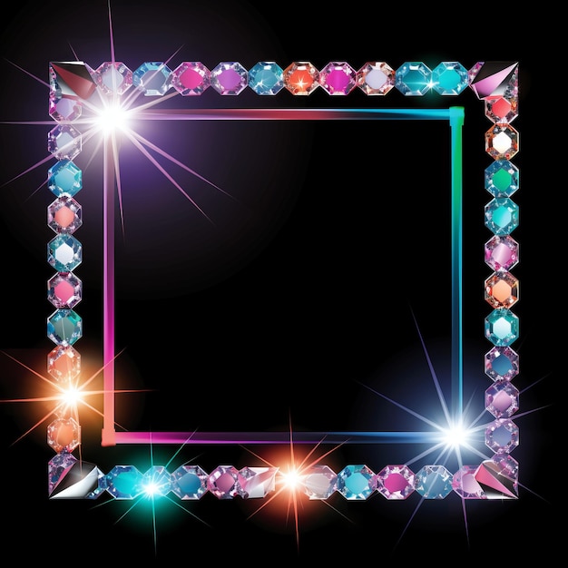 Foto un marco cuadrado con cristales de colores sobre un fondo negro
