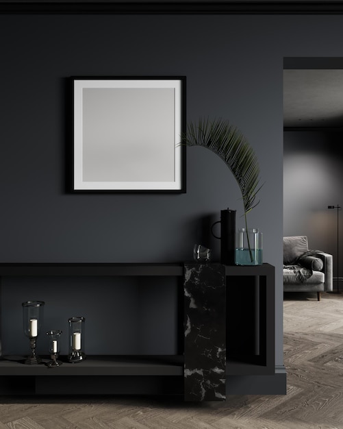 Marco cuadrado en el diseño interior de la sala de estar oscura con una moderna cómoda de renderizado 3d