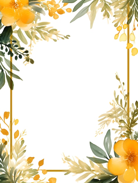 un marco cuadrado con flores amarillas y hojas verdes Fondo de follaje amarillo abstracto con negativo