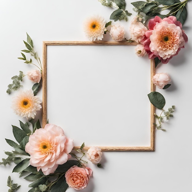 Marco cuadrado con flores sobre fondo blanco