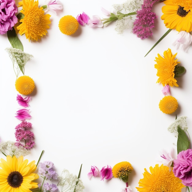 Marco cuadrado de llama de flor con margaritas girasoles y crisantemos