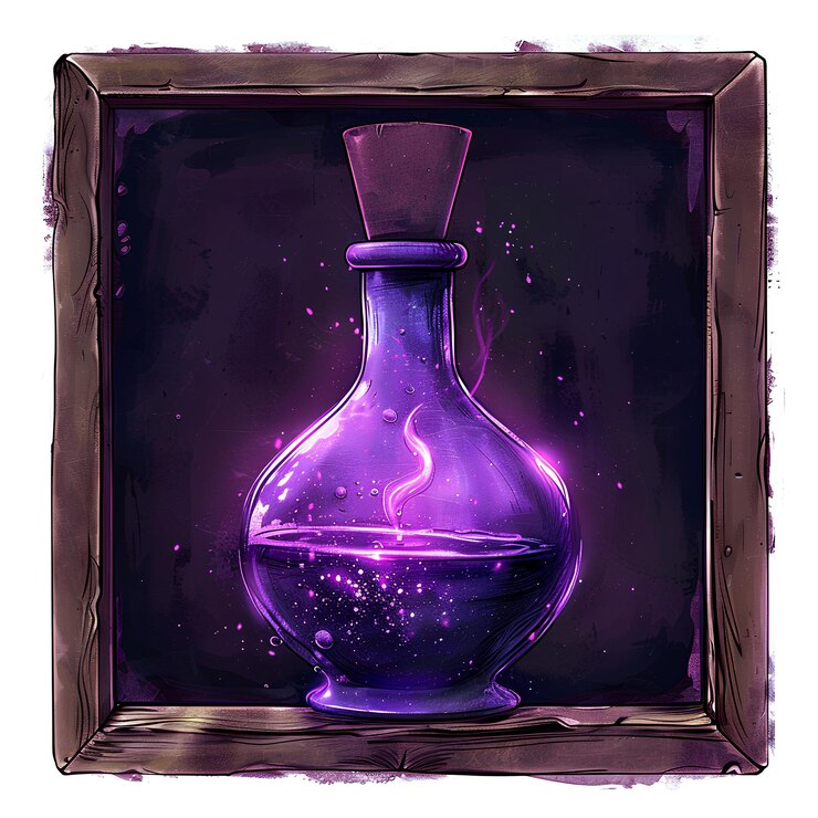 Foto en un marco cuadrado púrpura oscuro un frasco místico contiene un elixir púrpura reluciente que emite un etéreo