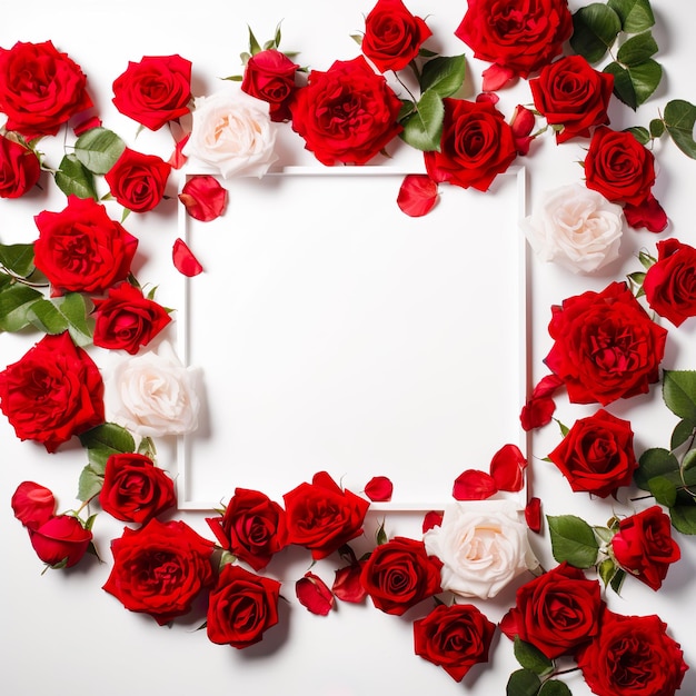 Un marco cuadrado con rosas rojas y blancas.