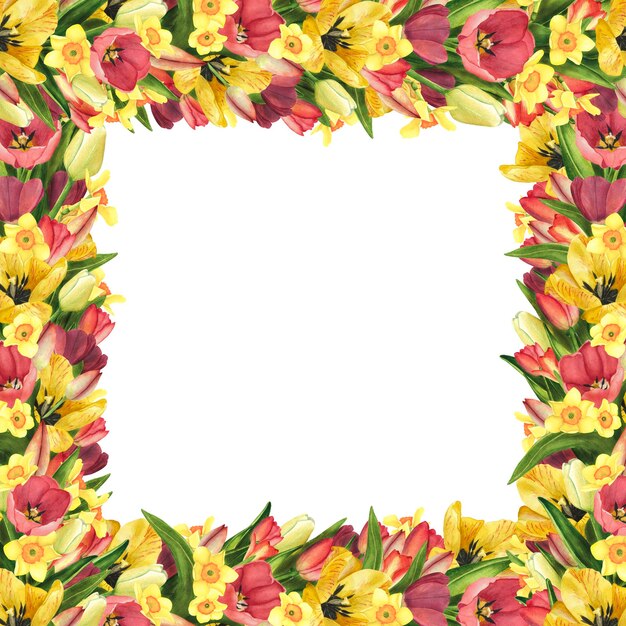 Marco cuadrado con tulipanes narcisos rojos amarillos Banner de acuarela Ilustración para el cartel del día de la mujer de la plantilla