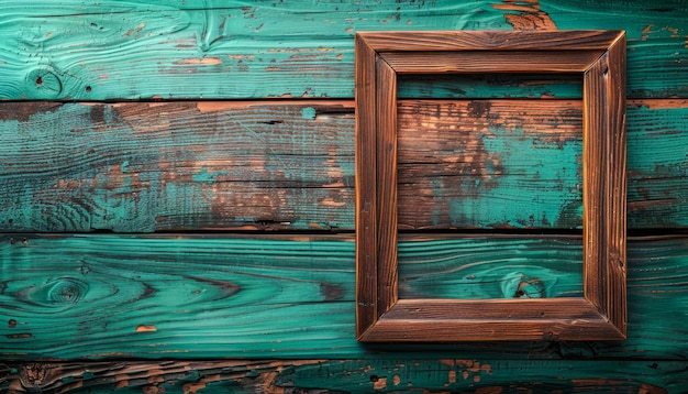 Foto marco de cuadros de madera rústico colgado en una pared de teal de madera en apuros fondo decoración vintage