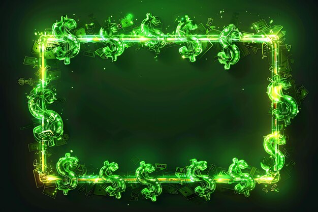 Foto marco de cuerda de neón marco de luz con signos de dólar y dinero verde color y2k collage brillo contorno arte