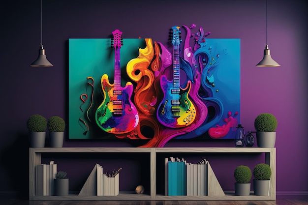 Marco decorativo pintado con instrumentos musicales sobre el estante con libros Concepto del día de la música