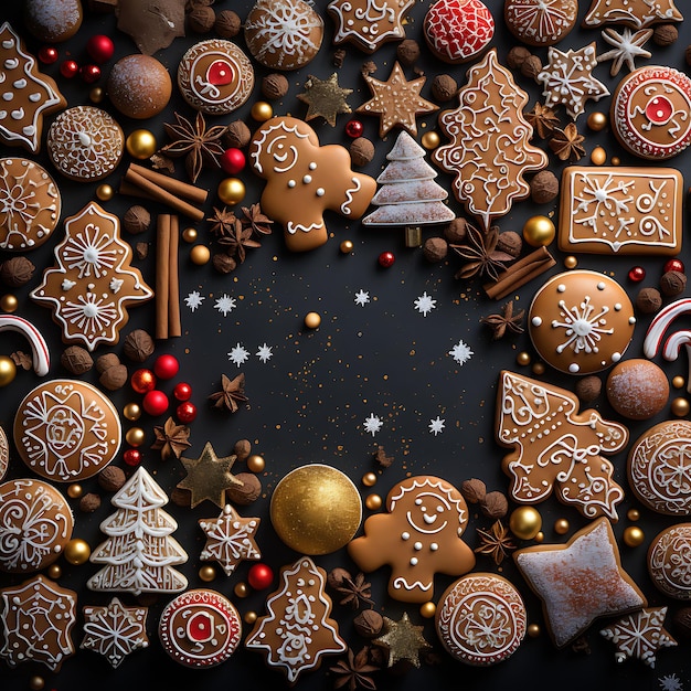 Marco de deliciosas galletas navideñas tentadoras con sus ideas conceptuales de decoraciones navideñas