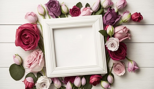 Marco del día de la madre con colores rosa, blanco y fucsia de rosas sobre fondo blanco de madera