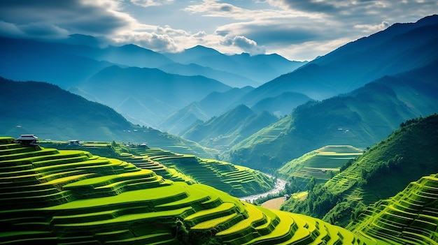 marco do vietnã com mu cang chai paisagem do vietnã campo de arroz em terraços perto de Sapa com luz solar