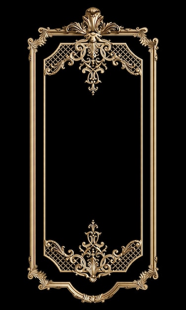 Marco dorado clásico con decoración de adorno aislado sobre fondo negro. Ilustración digital. Representación 3d