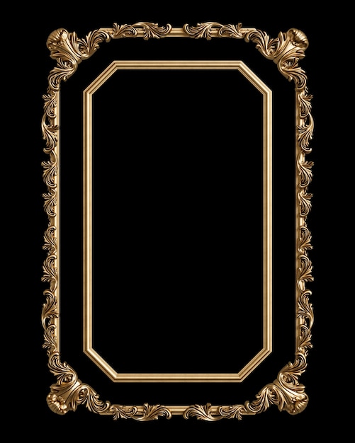 Foto marco dorado clásico con decoración de adorno aislado sobre fondo negro. ilustración digital. representación 3d