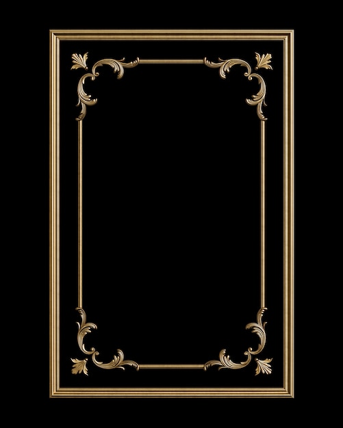 Marco dorado clásico con decoración ornamental aislada sobre fondo negro
