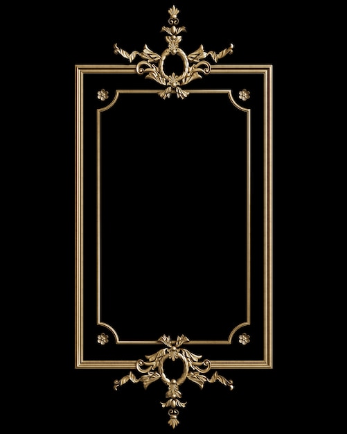 Marco dorado clásico con decoración ornamental aislada sobre fondo negro