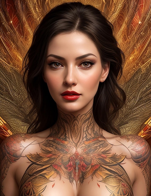 Un marco dorado complementa el retrato de una mujer con un tatuaje