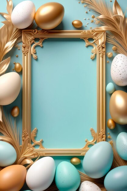 Marco dorado festivo con coloridos huevos de Pascua en colores pastel