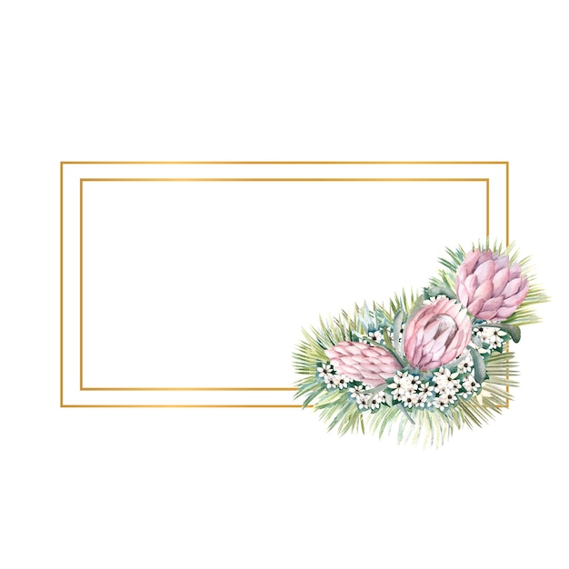 Marco dorado rectangular con flores protea, hojas tropicales, hojas de palmera, flores de bouvardia