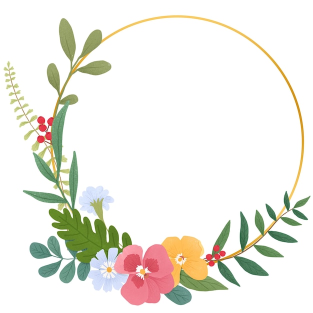 Marco dorado redondo decorado con flores png transparente