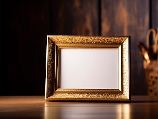 Un marco dorado se sienta sobre una mesa con un fondo de madera.