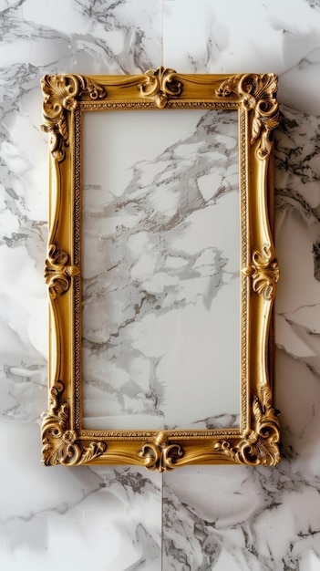 Foto marco dorado sobre un fondo de mármol