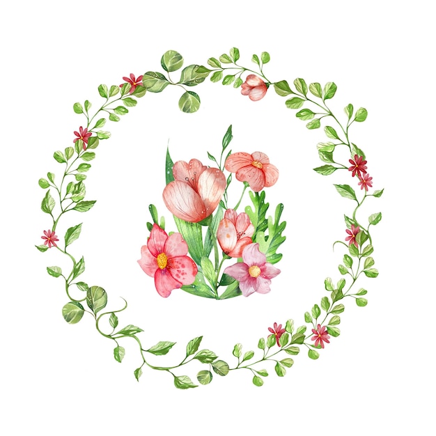 El marco es una corona de hierbas salvajes y flores con un ramo de flores salvajes