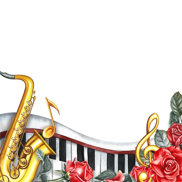 El marco es musical con un saxofón, teclas de piano, rosas y una clave de agudo.