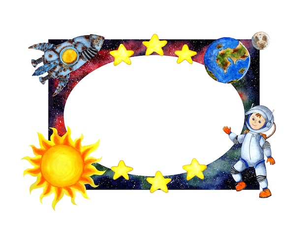 Marco de espacio de ilustración acuarela con astronauta, cohete, sol, tierra, luna, estrellas. Marco de niños aislado sobre fondo blanco. Dibujado a mano.