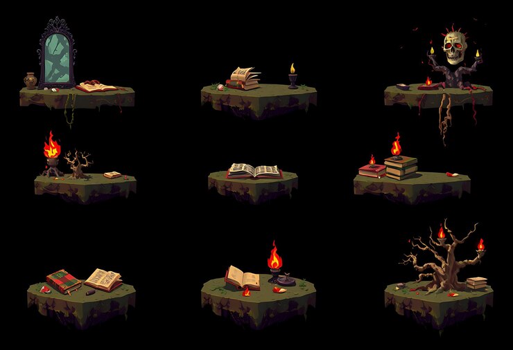 Foto marco espejos embrujados libros antiguos llamas espectrales raíces retorcidas espejos embrujados que reflejan la distonía