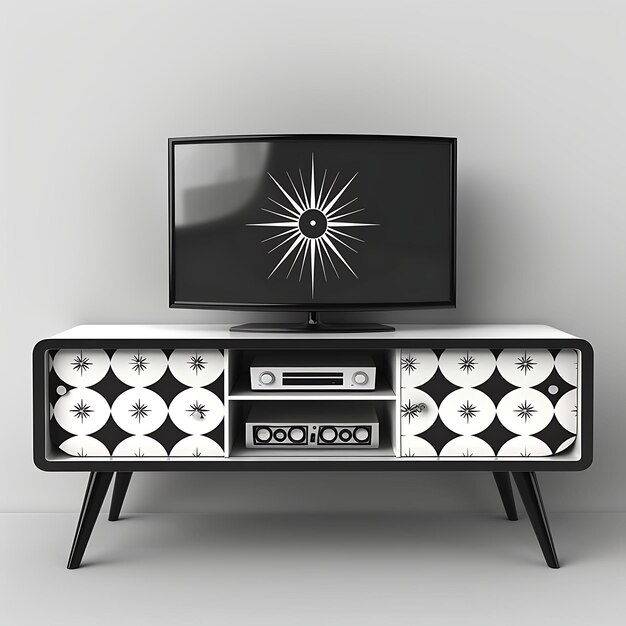 Foto marco de estilo moderno de mediados de siglo tv stand arte popular con diseño atómico arte de diseño de tatuaje de corte cnc